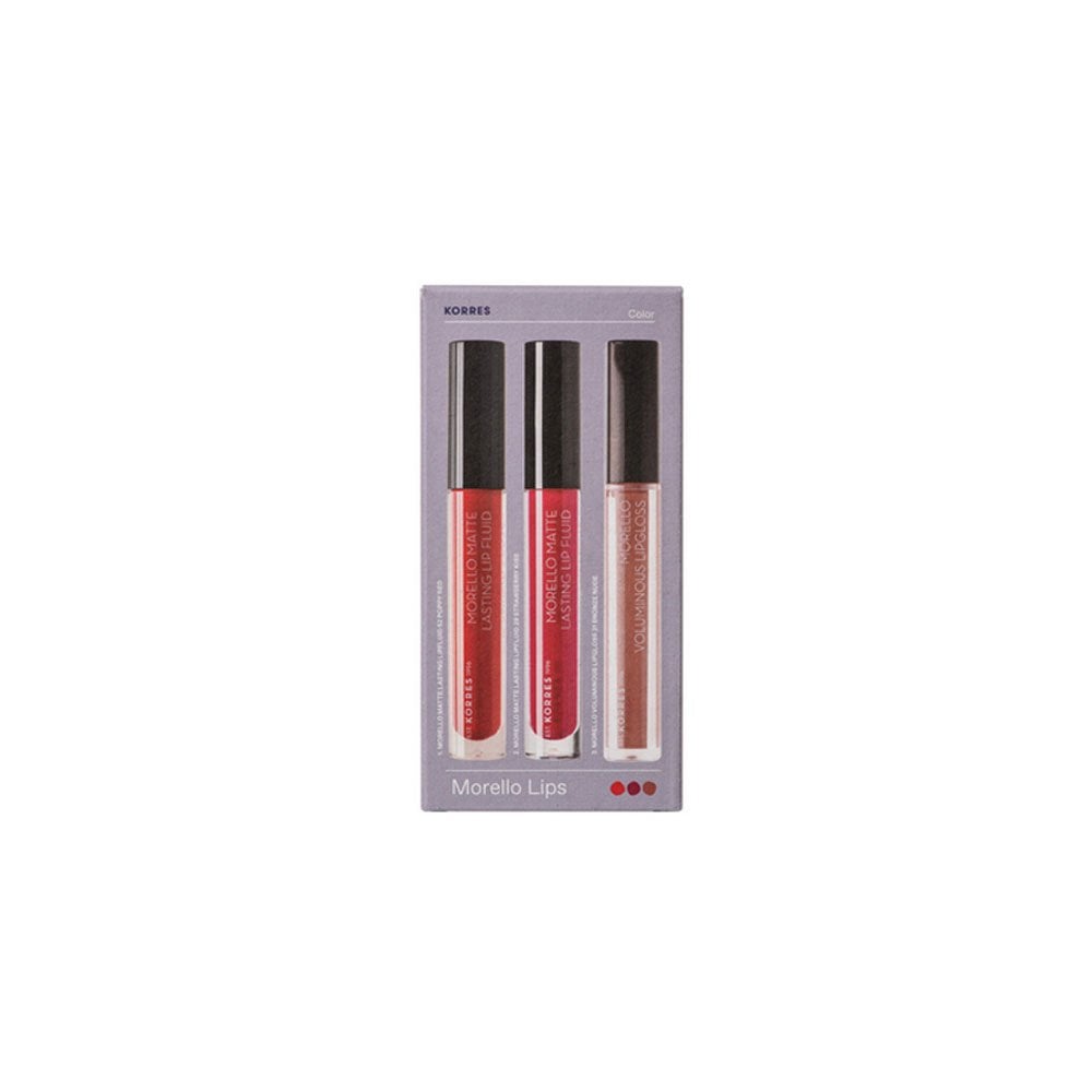 Set Morello Matte Lasting Lip Fluid 52 Poppy Red 3.4ml & 29 Strawberry Kiss 3.4ml & 31 Bronze Nude 4ml
