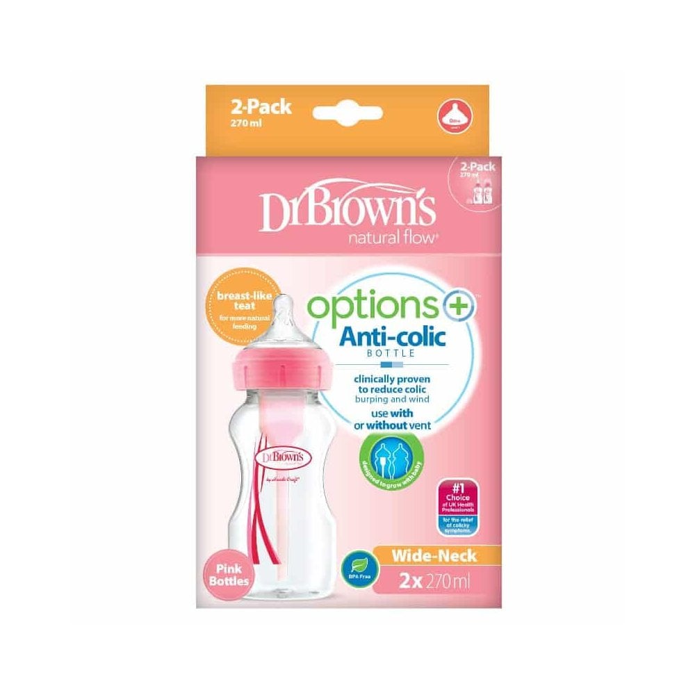 Options+ Anti-Colic 270ml 0m+ Pink Plastic Bottle Twin Pack