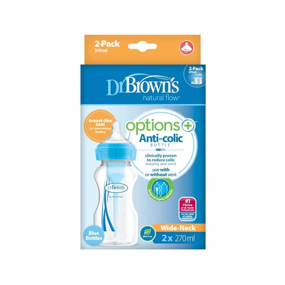 Options+ Anti-Colic 270ml 0m+ Plastic Bottle Blue Twin Pack