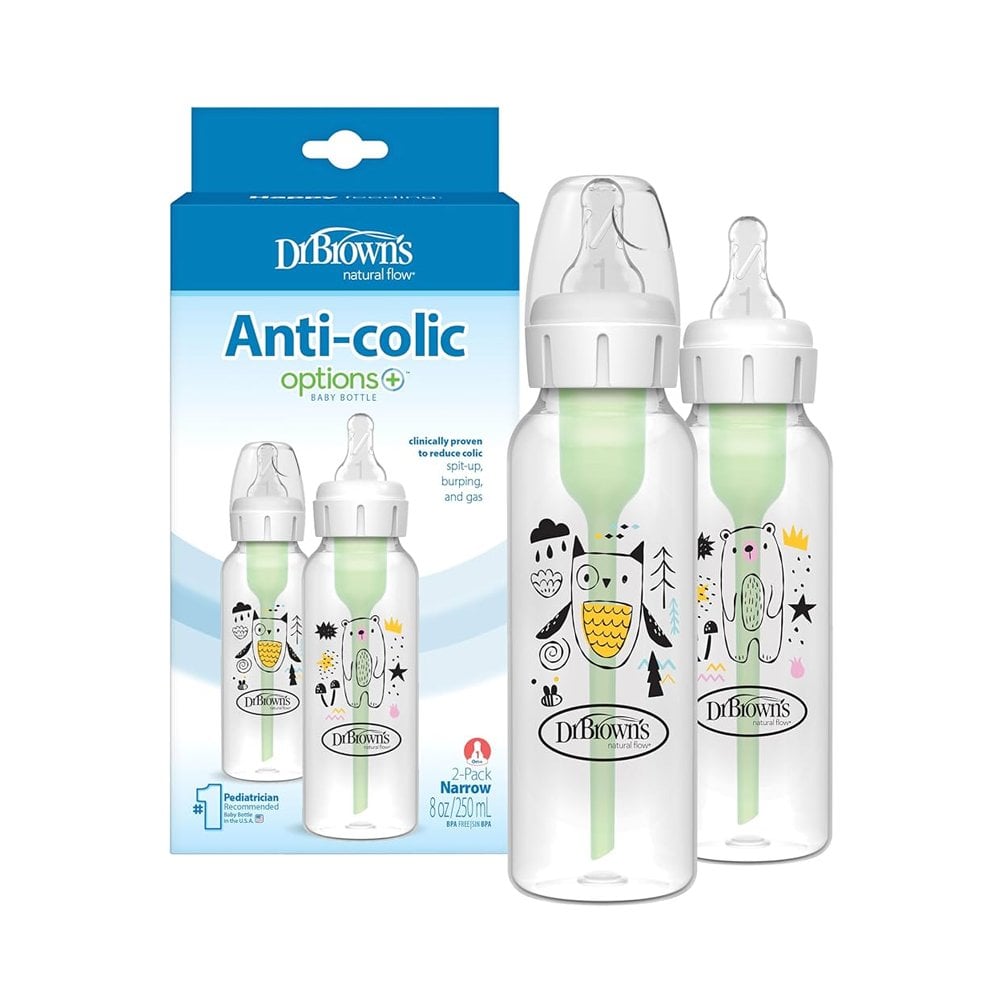 Natural Flow Anti-Colic Options+ Narrow Baby Bottle, with Level 1 Slow Flow Nipple Bear/Owl 0m+ 2x250ml