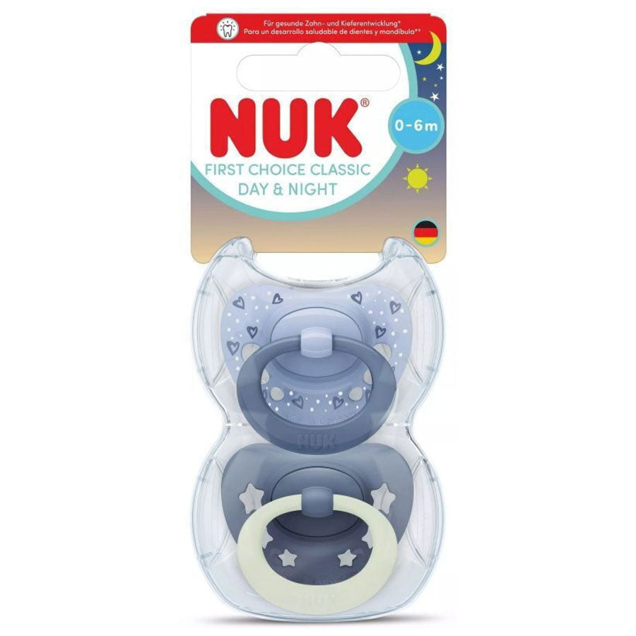 First Choice Classic Day & Night Silicone Soother with Case 0-6m Blue 2pcs