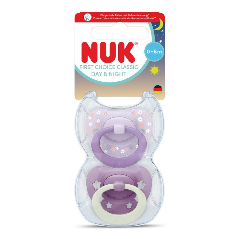 First Choice Classic Day & Night Silicone Soother with Case 0-6m Purple 2pcs